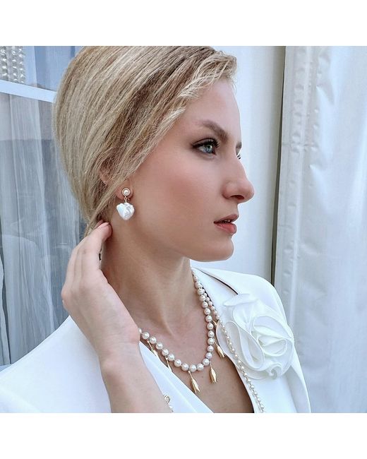 Farra Metallic Baroque Pearls Dangle Clip On Earrings
