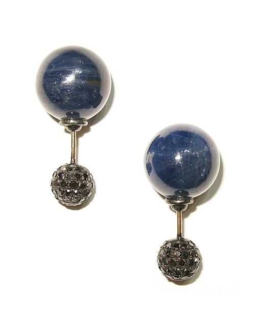 Artisan 14k Gold & Silver With Black Diamond Pave Blue Sapphire Ball Tunnel Earrings