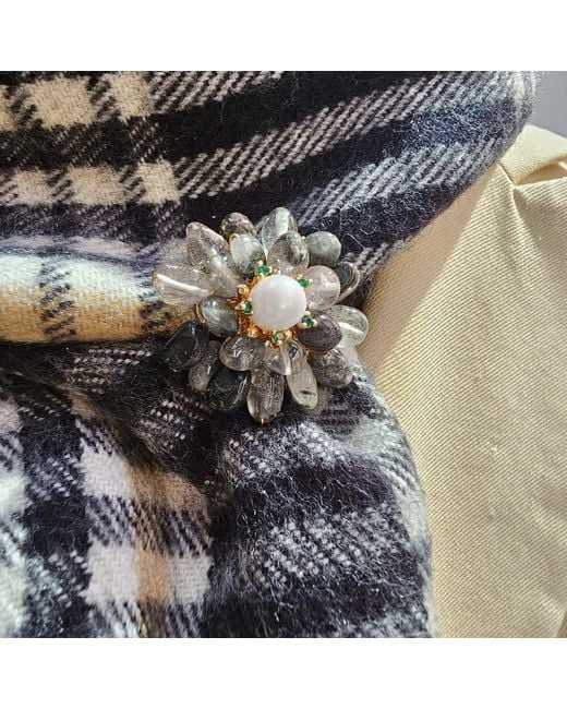 Farra Black Phantom Quartz Floral Brooch