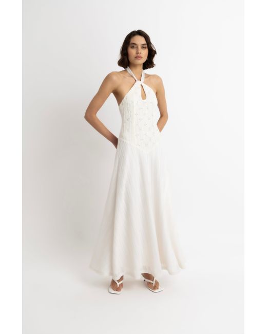 Amy Lynn White Gaia Cream Crochet Halterneck Maxi Dress