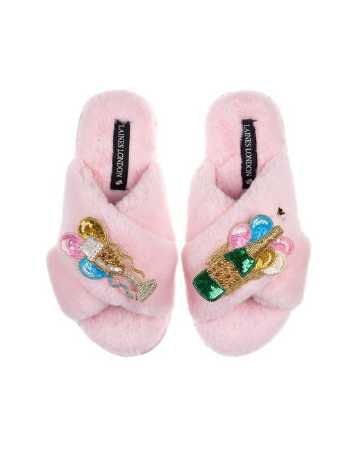 Laines London Pink Classic Laines Slippers With Birthday Bubbles Brooches