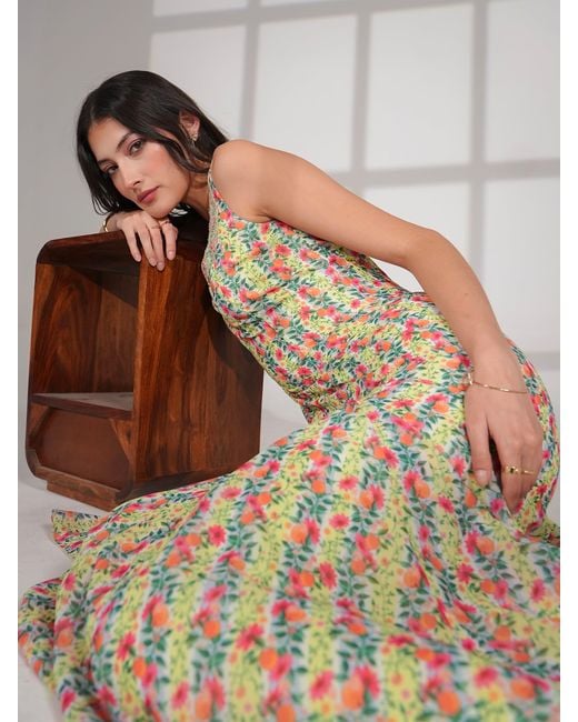 Rose & Nancy Natural Annie Fit & Flare Hand Embellished Fruit Floral Print Maxi Dress