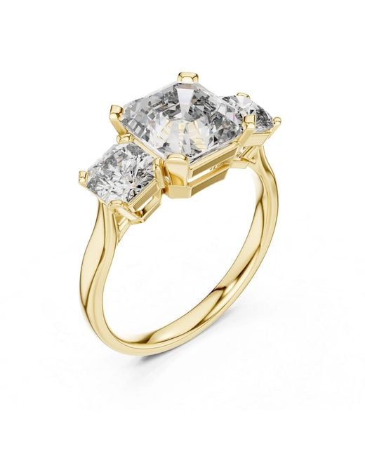 Aya Fine Jewelry White Three Stone Emerald Cut Lab Diamond Ring With Radiant Side Stones