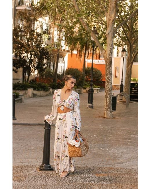 Why Mary Natural Vintage Floral Tie Top With Bell Sleeves