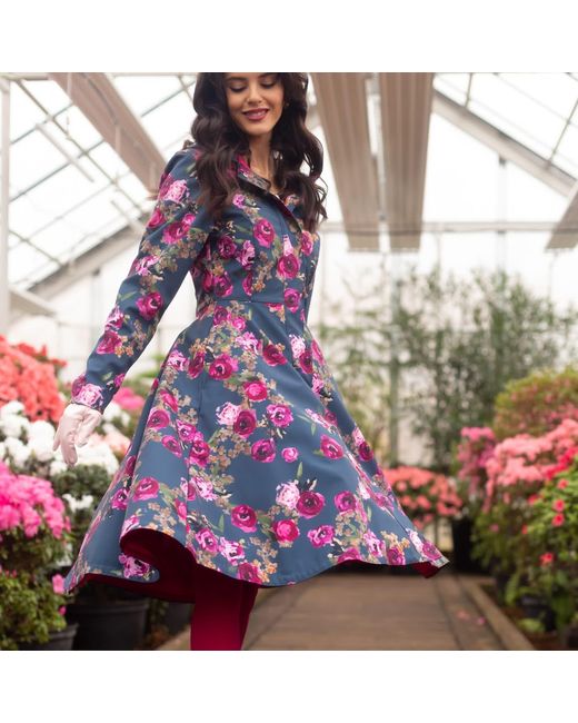 RainSisters Blue Fitted & Flared Women's Coat With Hood: Misty Rose