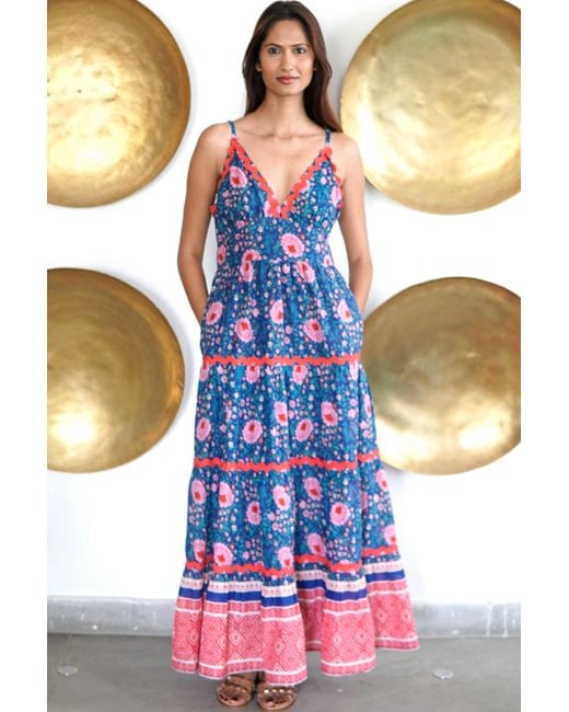 La Mandarine Blue Summer Maxi Dress With Pockets. Block Print Cotton Summer Maxi Dress Beatriz
