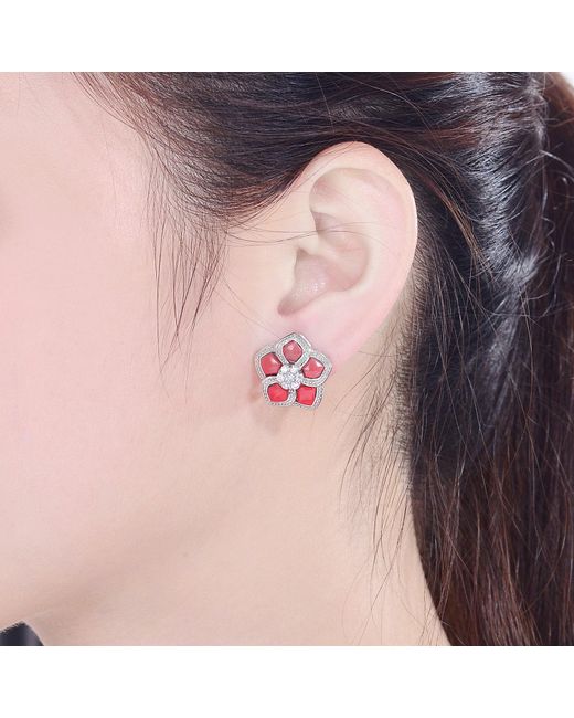 Genevive Jewelry Red Sterling Silver Cubic Zirconia Coral Flower Earrings