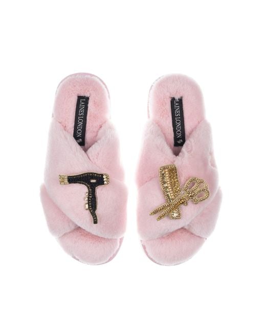 Laines London Pink Classic Laines Slippers With Hairdresser Brooches