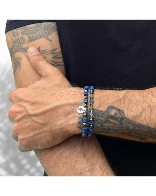 Ebru Jewelry Blue Good Vibes Spiritual Beaded Sterling Cross Bracelet Set for men