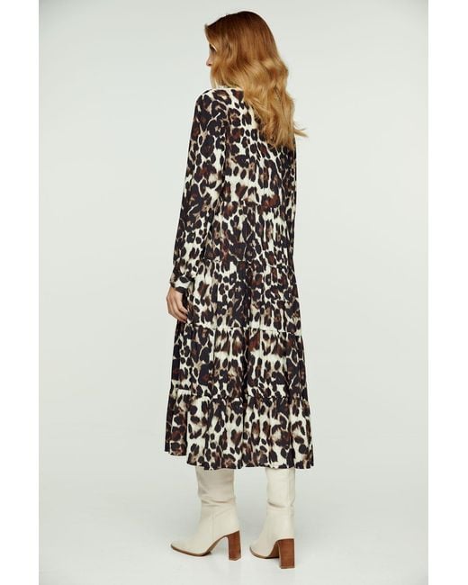 Conquista Black Animal Print Tiered Dress With Button Detail