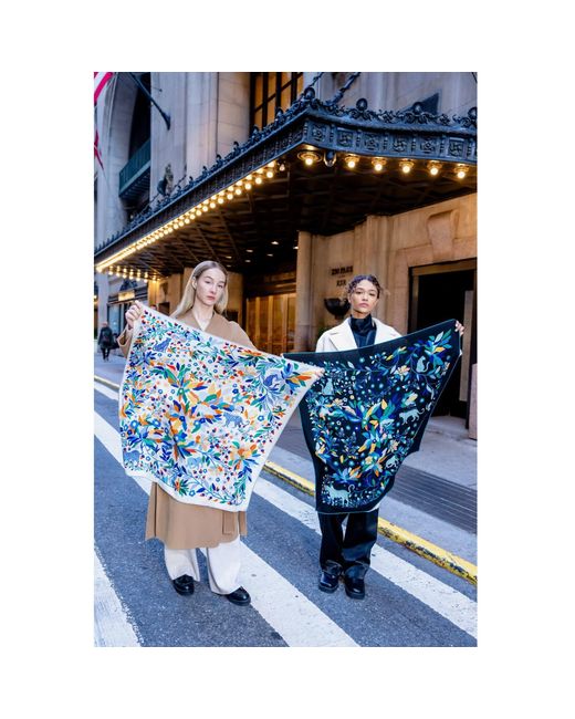 Jessie Zhao New York Blue Double Sided Wool Silk Scarf Of Night Jungle Reverie