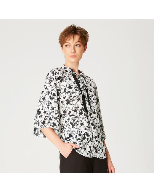 Smart and Joy Black Tulip Sleeves Blouse With Monochrome Floral Print
