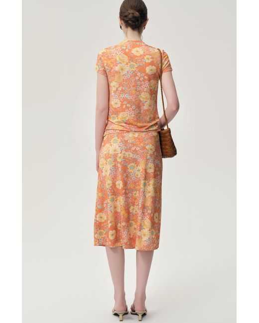 FRONT ROW SHOP Orange Daisy Viscose Jersey Midi Skirt