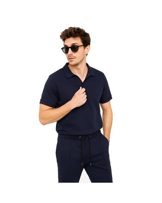 DAVID WEJ Blue Enzo Cotton V-Neck Polo for men