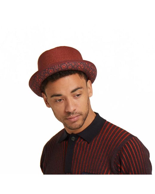 Dasmarca Hats Red Dasmarca Tommy Burgundy Summer Straw Porkpie Hat With Vintage Geometric Prints for men