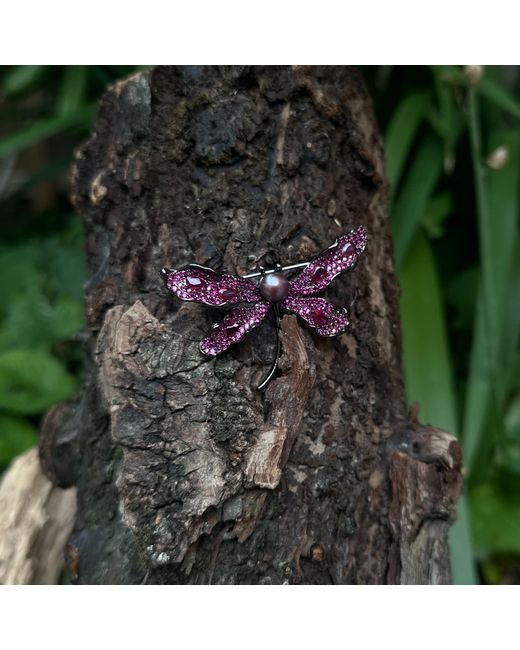 Ninemoo Purple Rosy Glimmer Dragonfly Pearl Brooch