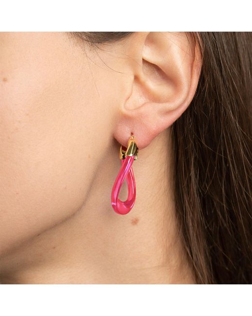 Gold & Honey Pink Tourmaline Curb Link Lucite Birthstone Hoop Earrings