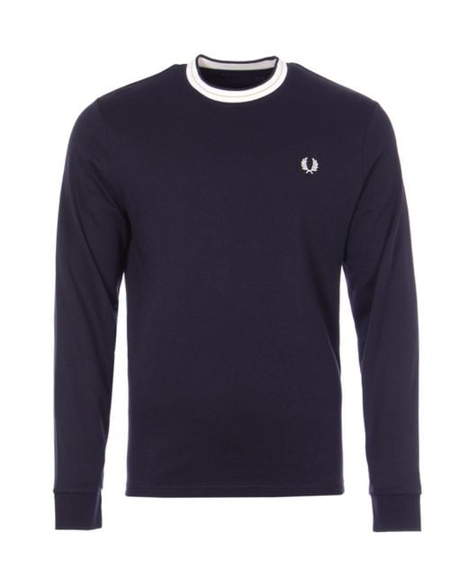 Fred Perry Cotton Tramline Twin Tipped Long Sleeve Sweatshirt in Navy 