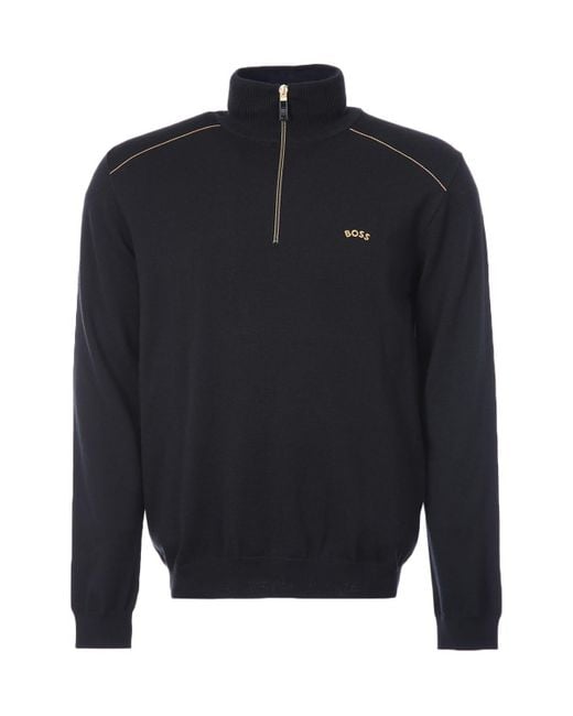 BOSS by HUGO BOSS Logo Organic Cotton & Wool Half Zip Jumper in Black