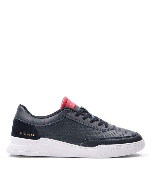 Tommy Hilfiger Elevated Perforated Leather Cupsole Trainers in Navy ...