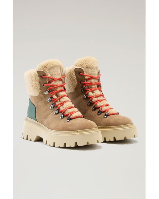 Woolrich Natural Hiking Boots In Suede And Sheepskin