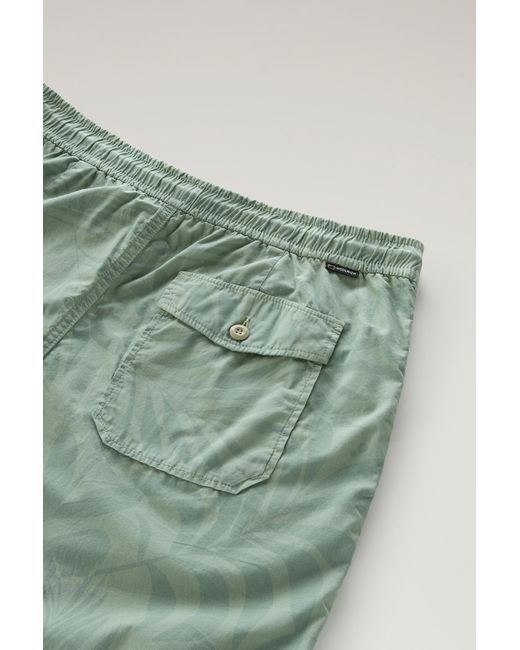 Woolrich Green Pure Cotton Garment-dyed Shorts With A Tropical Print for men
