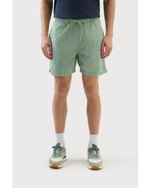 Woolrich Green Pure Cotton Garment-dyed Shorts With A Tropical Print for men