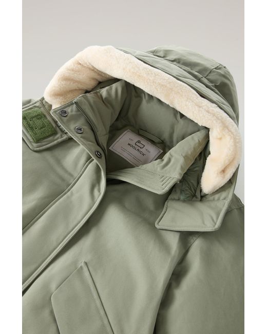 Woolrich Green Parka In Brushed Ramar Cloth With Detachable Hood
