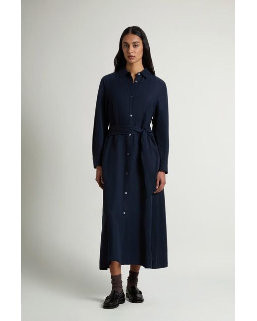 Vestido Camisero De Mezcla De Lino Con Cinturón Para Mujer Talla Woolrich de color Blue