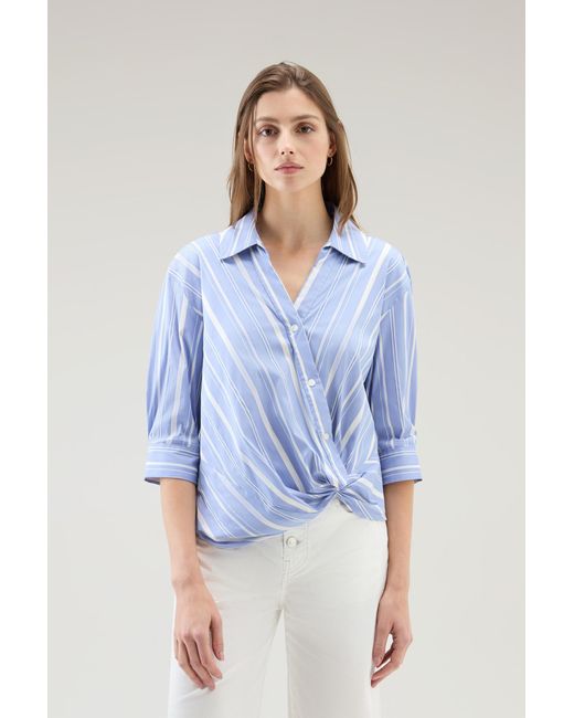 Woolrich Blue Striped Shirt In Cotton Blend Poplin