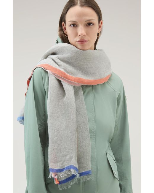 Woolrich Multicolor Scarf In Cotton-linen Blend With Color Block Pattern Beige