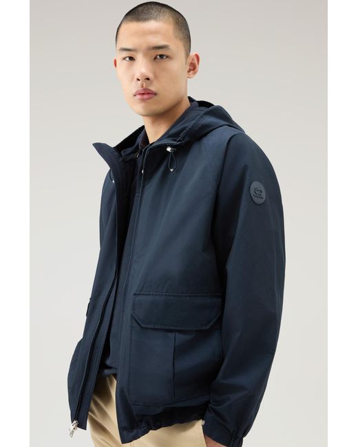 Woolrich Blue Cruiser Jacket In Ramar Cloth With Hood for men