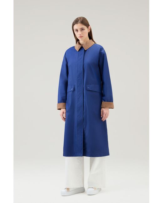 Woolrich Blue Waxed Trench Coat In Cotton Nylon Blend With Pointed Collar