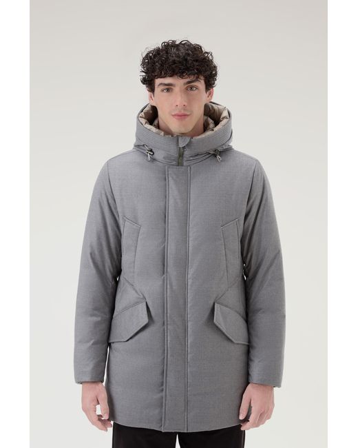 Woolrich Gray Parka In Italian Wool And Silk Blend Crafted With A Loro Piana Fabric for men