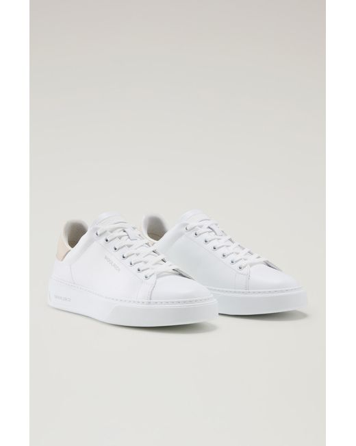 Woolrich White Classic Court Sneakers In Leather With Contrasting Patch for men