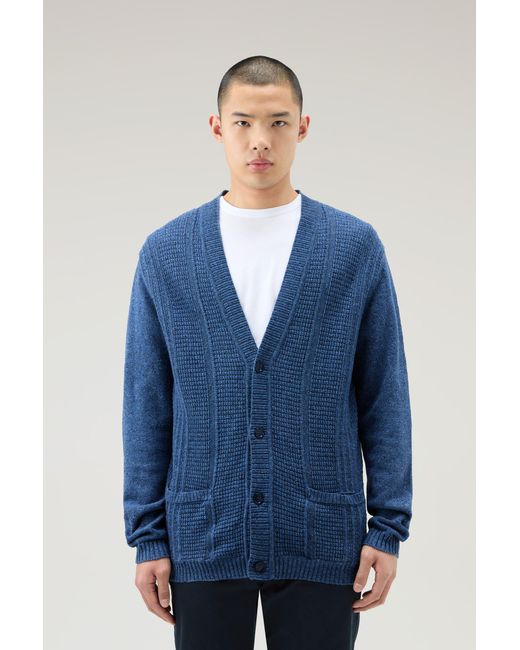 Woolrich Cardigan In Cotton-linen Blend Blue for men