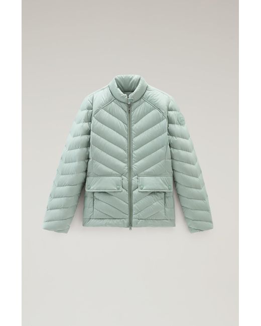Woolrich Green Short Padded Jacket With Chevron Quilting