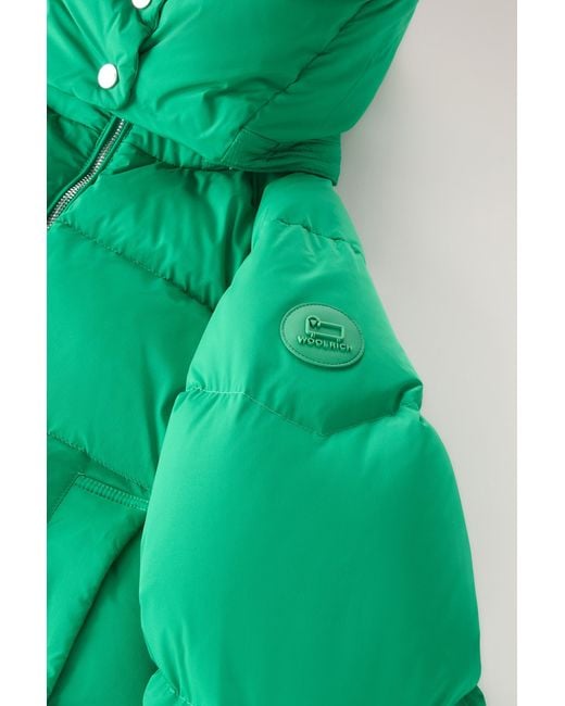 Woolrich Green Short Alsea Down Jacket In Stretch Nylon With Detachable Hood