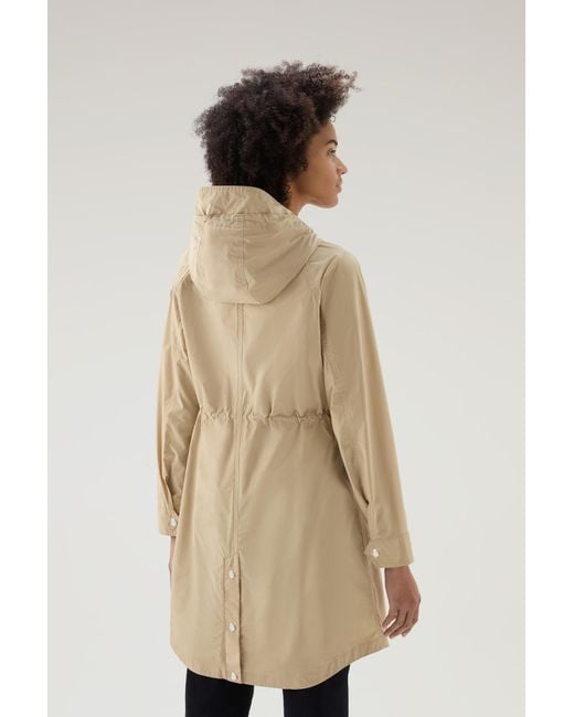 Woolrich Natural Long Summer Parka In Urban Touch Fabric With Hood Green