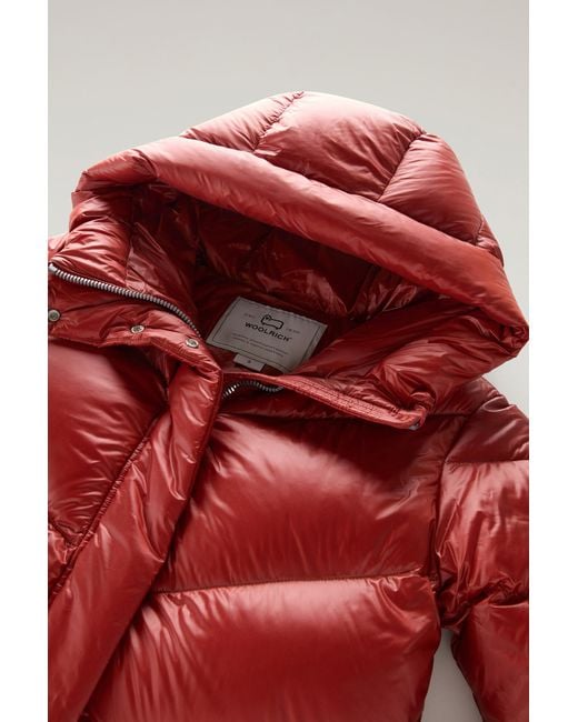 Woolrich Red Aliquippa Long Down Jacket In Glossy Nylon