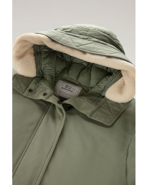 Woolrich Green Long Parka In Brushed Ramar Cloth