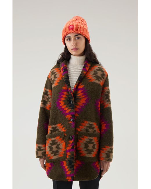 Woolrich Multicolor Gentry Coat In Wool Blend With Hood Green