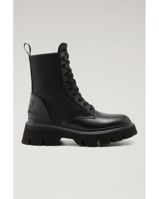 Woolrich Black Boots In Calfskin And Nylon With Shearling Lining