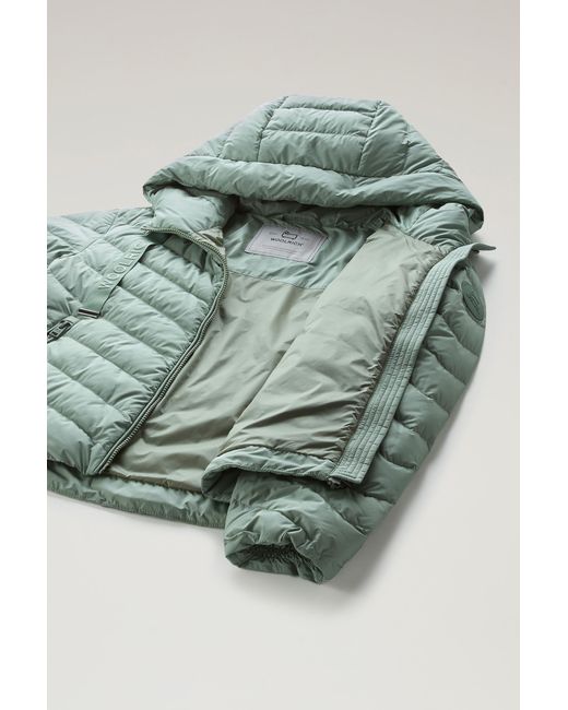 Woolrich Green Microfibre Jacket With Chevron Quilting And Hood