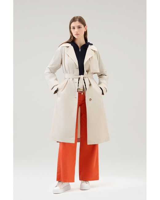 Woolrich White Trench Coat In Urban Touch Fabric With Belted Waist