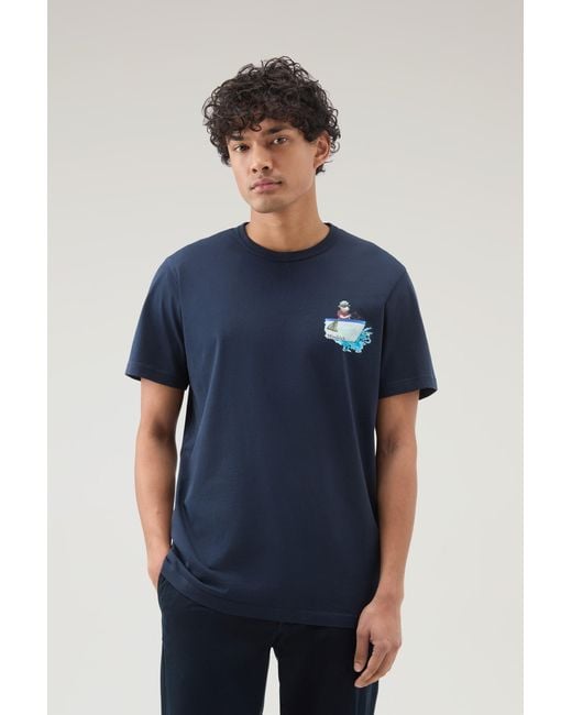 Woolrich Blue Pure Cotton T-shirt With Graphic Print for men