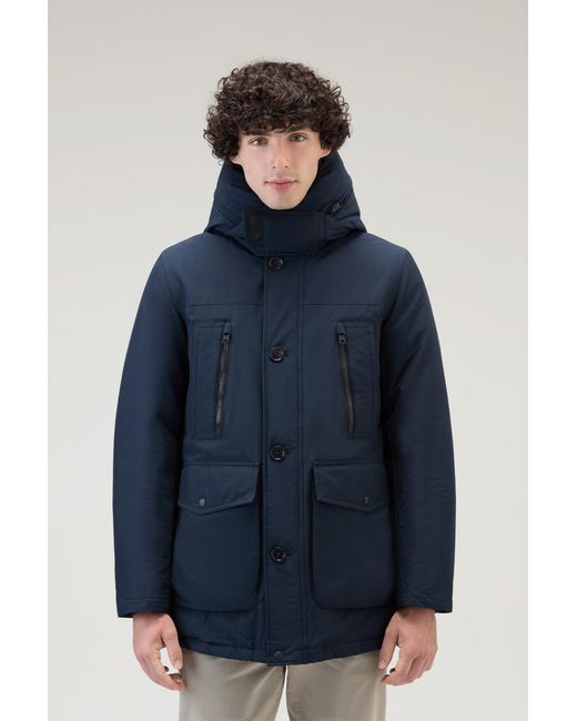 Woolrich Men's Polar Parka in Ramar Cloth with High Collar and Fur Trim Color Blue Size XL
