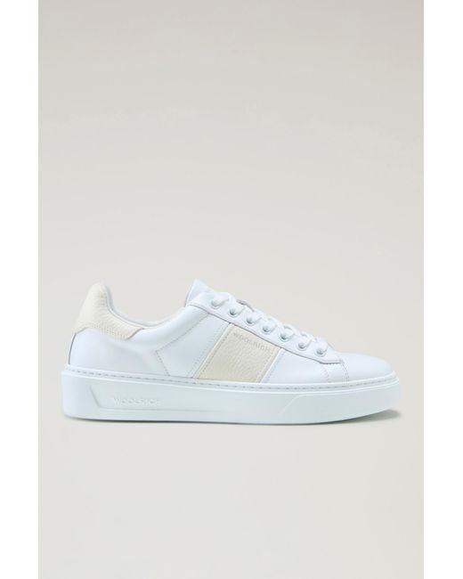 Woolrich Blue Classic Court Sneakers In Leather With Contrasting Stripe