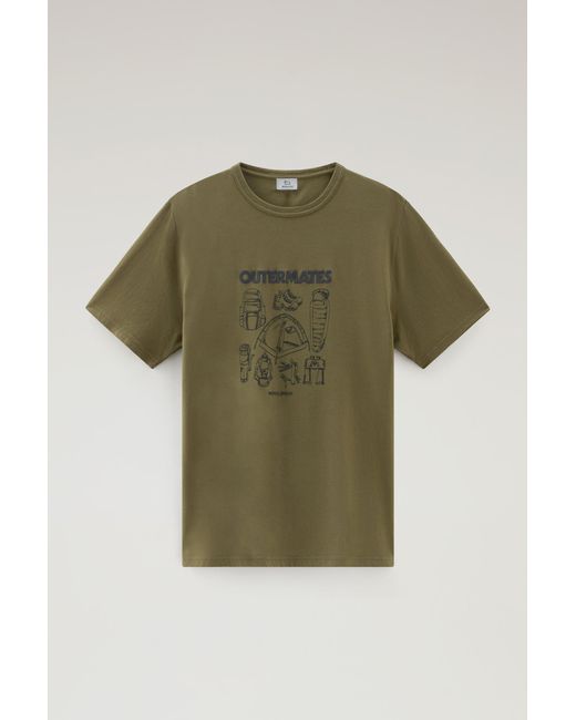 Woolrich Pure Cotton T-shirt With Outermates Print Green for men