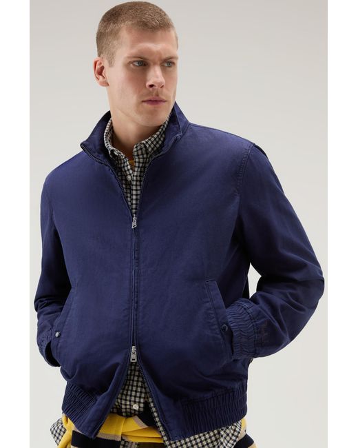 Woolrich Bomber Jacket In Cotton-linen Blend Blue for men